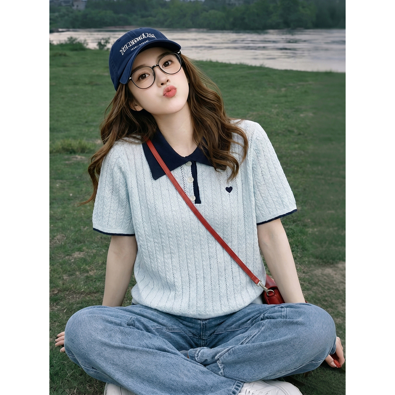 American-Style Design Knitted Short-Sleeve T-Shirt for Women, Summer Thin Style, Plus Size, Loose Fit, Slimming, Unique and Beautiful Top American-Style Design Knitted Short-Sleeve T-Shirt for Women, Summer Thin Style, Plus Size, Loose Fit, Slimming, Unique and Beautiful Top