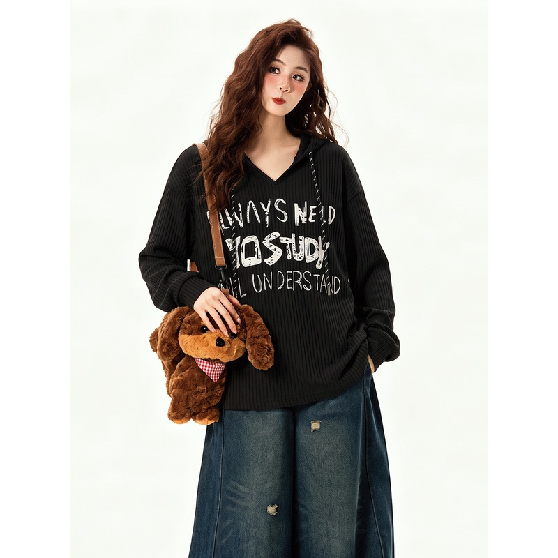 Plus-Size American-Style Letter Print Hooded Sweatshirt for Women, New Autumn Design, Loose Fit, Slimming, Stylish Long-Sleeve Top