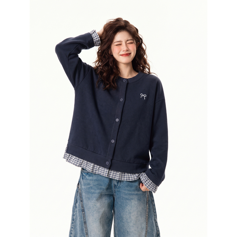 Plus Size Women's American-Style Crew Neck Sweatshirt Jacket for Autumn, Loose Fit, Slimming Cardigan Jacket, Faux Two-Piece Top Plus Size Women's American-Style Crew Neck Sweatshirt Jacket for Autumn, Loose Fit, Slimming Cardigan Jacket, Faux Two-Piece Top