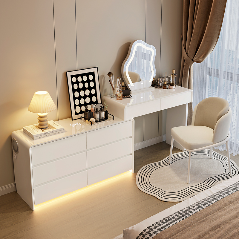 2025年新スタイル化粧台無垢材クリームスタイル寝室ライト高級化粧台モダンシンプル収納キャビネット一体型