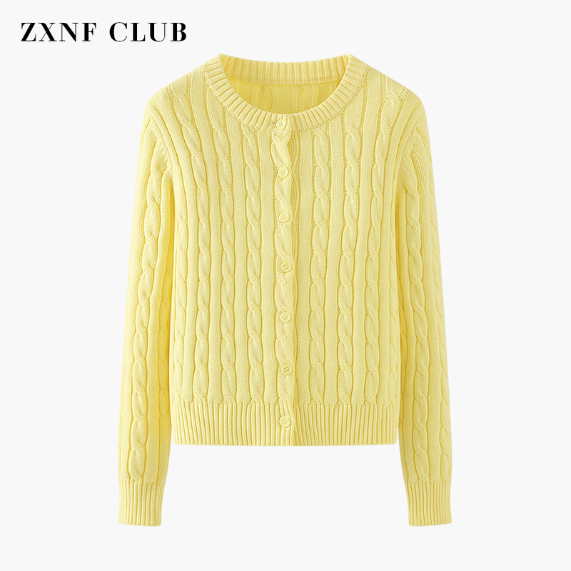 Non-Pilling 100% Pure Cotton Spring and Autumn French-Style Round Neck Knit Cardigan for Women, Long-Sleeved Yellow Cable Knit Jacket