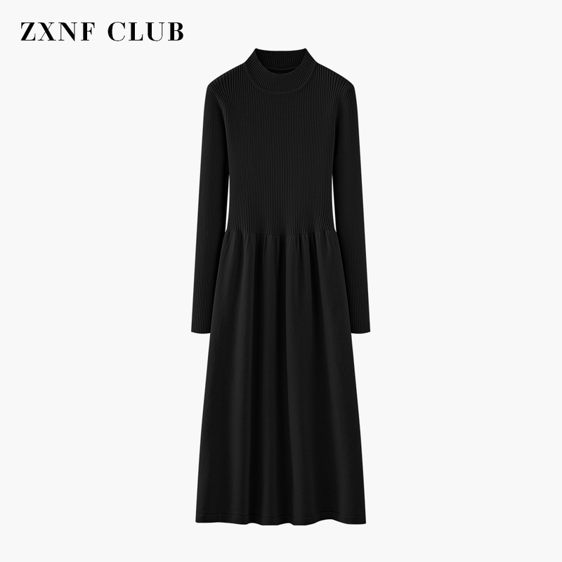 French-Style Knitted Dress for Women, Hepburn-Style Black Sweater Dress, Inner Layer with Waist-Cinching Little Black Dress, Mid-Length Sweater Dress