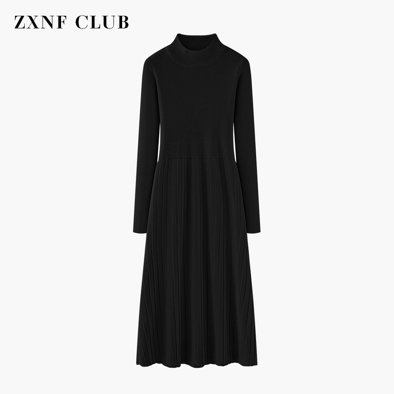 Autumn and Winter Hepburn Style Black Sweater Dress for Women, Half-High Collar, Mid-Length Base Dress, Inner Layer Little Black Dress, Knitted Dress