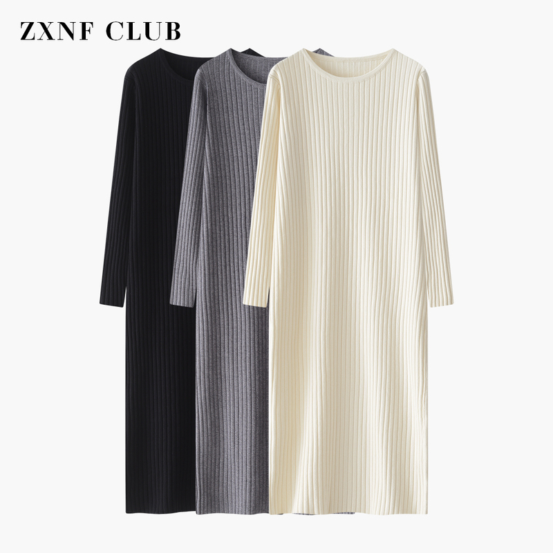 Autumn and Winter Knitted Dress for Women, Mid-Length, Drapey, Over-The-Knee, Base Long Dress, Little Black Dress, Paired with Coat or Sweater Dress