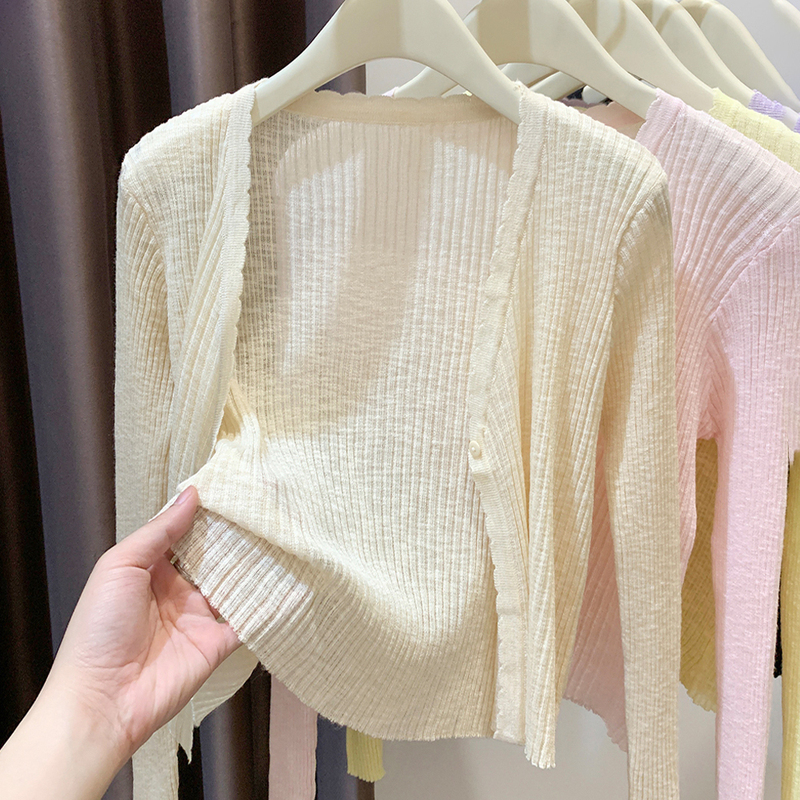 Short Shawl Top, Ice Silk Outerwear, Sun Protection Shirt, Women's Cardigan, Thin Summer Cover-Up, Air Conditioning Shirt, Knitted Small Jacket