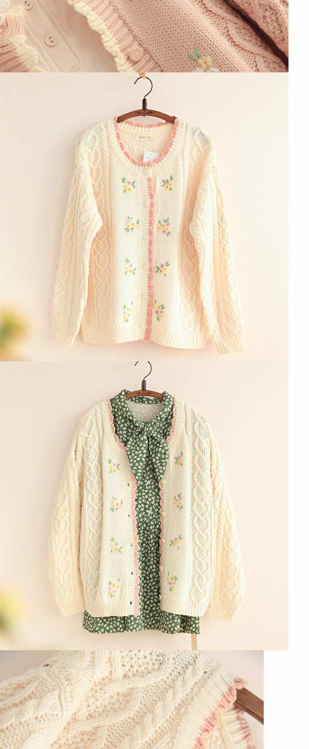 Áo len nữ Sen đan áo khoác giản dị áo len thêu tay dài mềm mại mùa thu và mùa đông dày ấm áp - Đan Cardigan áo len cổ cao