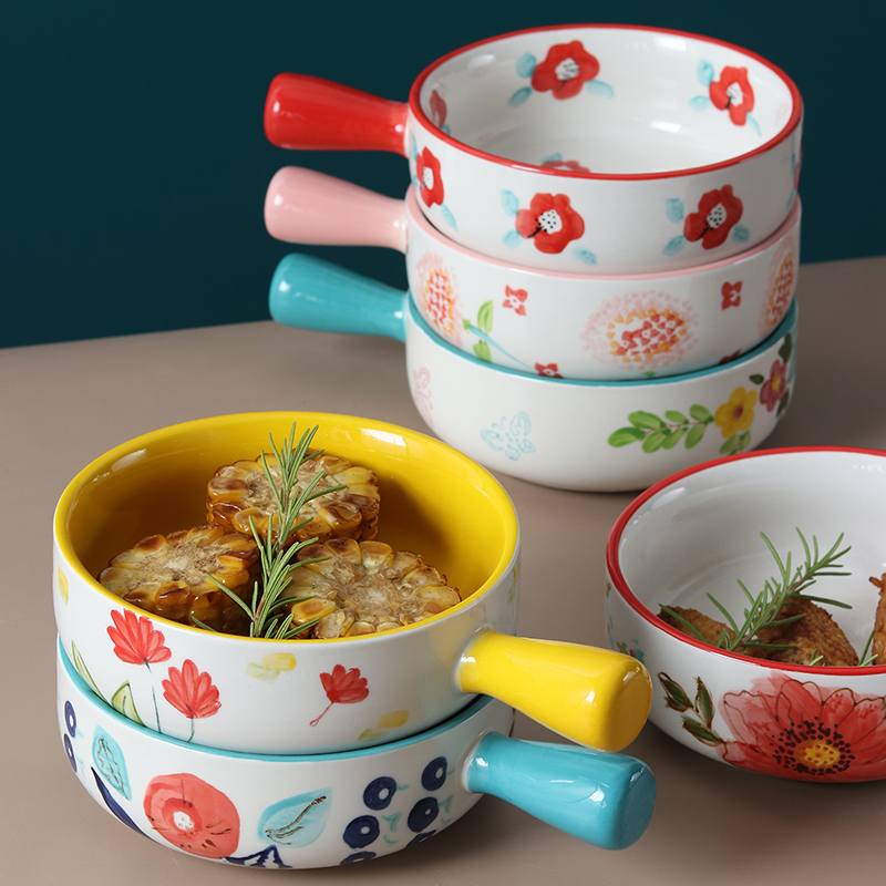 Day Style Hand-painted Creative Ceramic Handle Bowl Fruit Salad Bowl Microwave Oven Home Dessert Bowl Breakfast Bowl