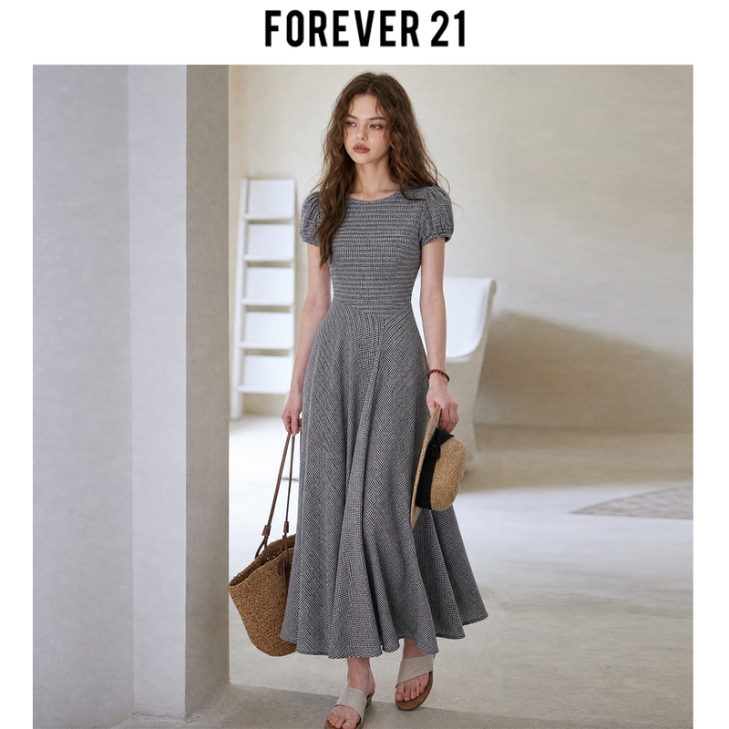 Forever 21 French-Style High-End Design Puff Sleeve Dress for Women, Summer Gentle Style, Elegant Waist-Cinching Long Dress