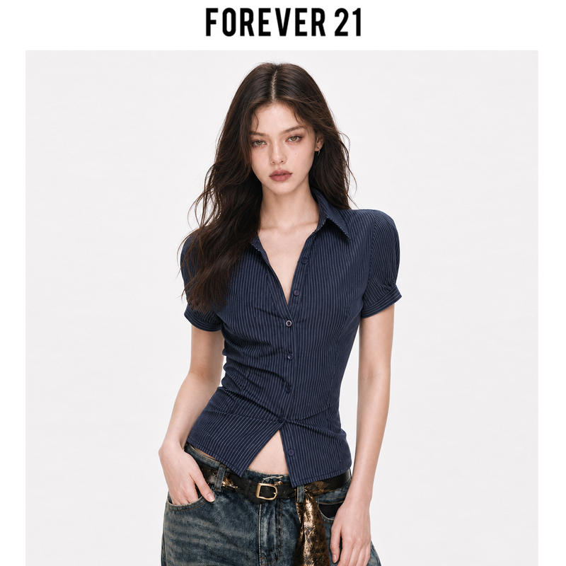 Forever 21 American Style Spicy Girl Navy Blue Regular Shoulder Short-Sleeve Shirt for Women, Summer Design, Slim Fit, Waist-Cinching, Short Style Forever 21 American Style Spicy Girl Navy Blue Regular Shoulder Short-Sleeve Shirt for Women, Summer Design, Slim Fit, Waist-Cinching, Short Style