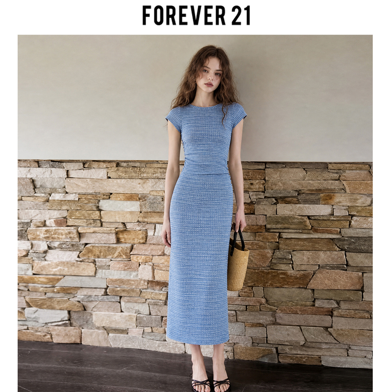 Forever 21 Elegant French-Style Blue Polka Dot Round Neck Long Dress for Women, Summer A-Line Slim-Fit Short-Sleeve Bodycon Dress Forever 21 Elegant French-Style Blue Polka Dot Round Neck Long Dress for Women, Summer A-Line Slim-Fit Short-Sleeve Bodycon Dress