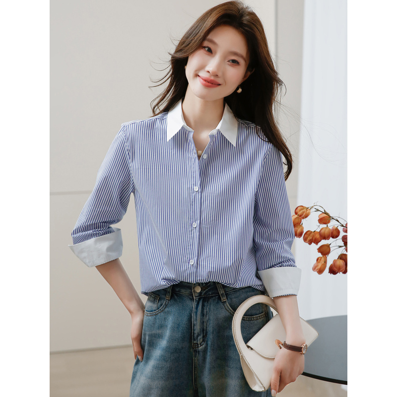 Amash Women's New 2026 Spring and Autumn Blue Shirt Women's Blue and White Vertical Striped Shirt Professional Workwear Top