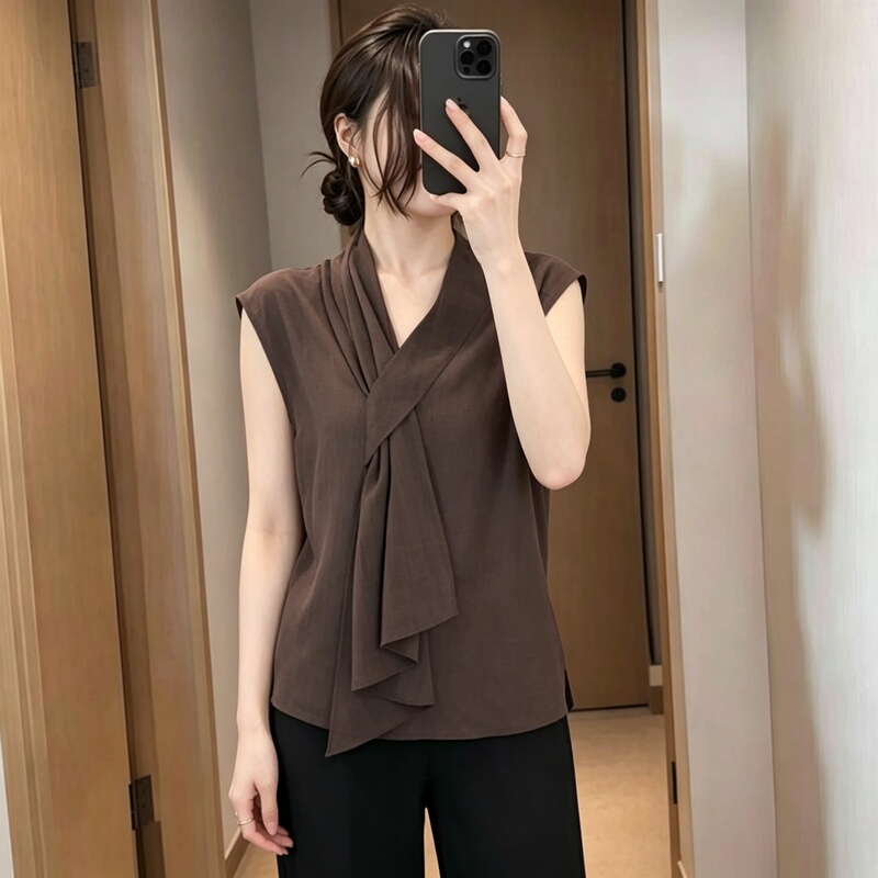 Stylish and Unique Sleeveless V-Neck Ribbon Shirt for Women, Summer Fashion, Versatile for Commuting, Plus Size Loose Top