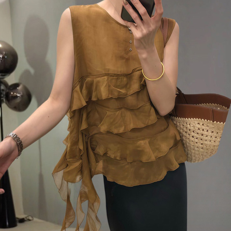 French Style Fashionable Ruffled Ribbon Solid Color Top Women's Casual Style Loose Slimming Look Sleeveless T-Shirt