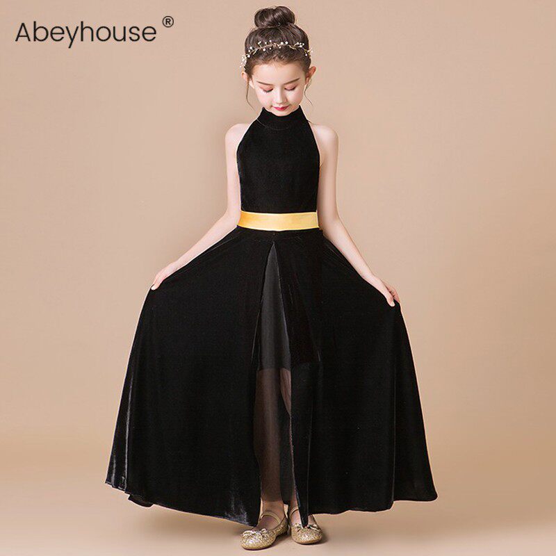 Girls princess dress high-end gold velvet evening dress in the big children's catwalk host dress skirt black piano performance dress