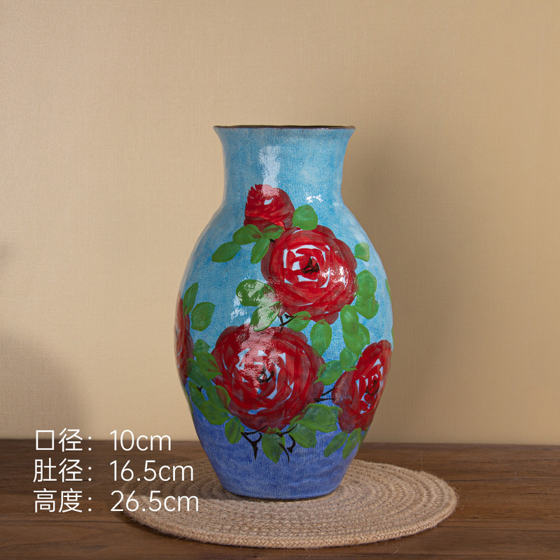 2026 New Model Jingdezhen Ceramic Flower Vase Indoor Tabletop Decoration Large Diameter Vintage Dried Flower Entryway Blue Vase