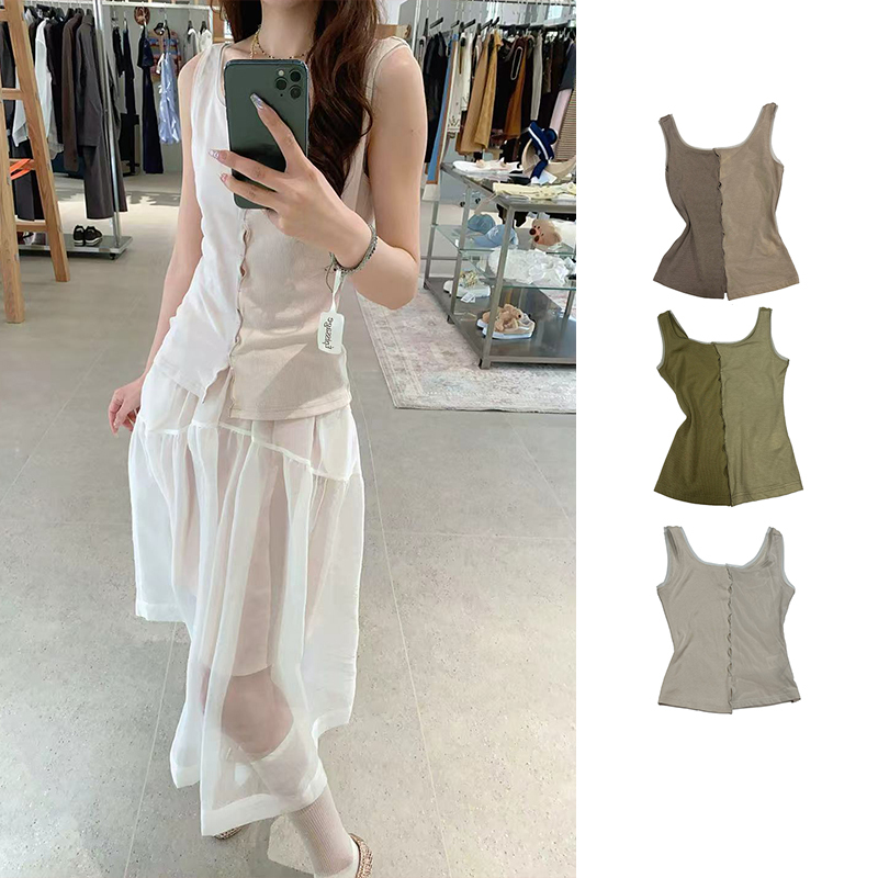 Loge 32 Two-Tone Dual-Material Reversible Patchwork Vest Slim Fit Hollow-Out Inner Top Lg32S26009