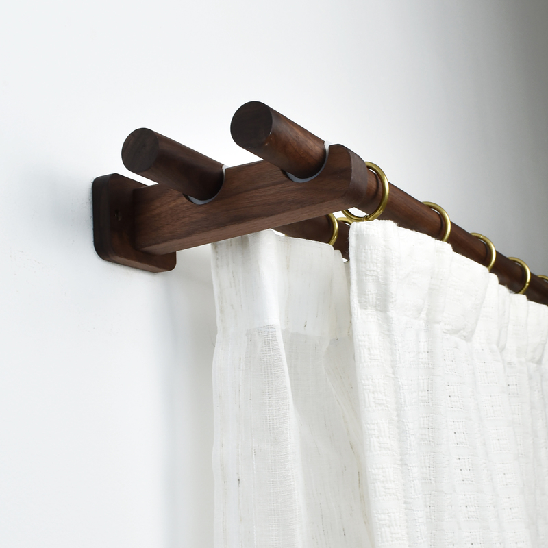 Solid Wood Simple Style Walnut Roman Rod Curtain Rod for Guesthouses, Double Rod Wooden Rod, Single/Double Rod Drilled Wooden Rod