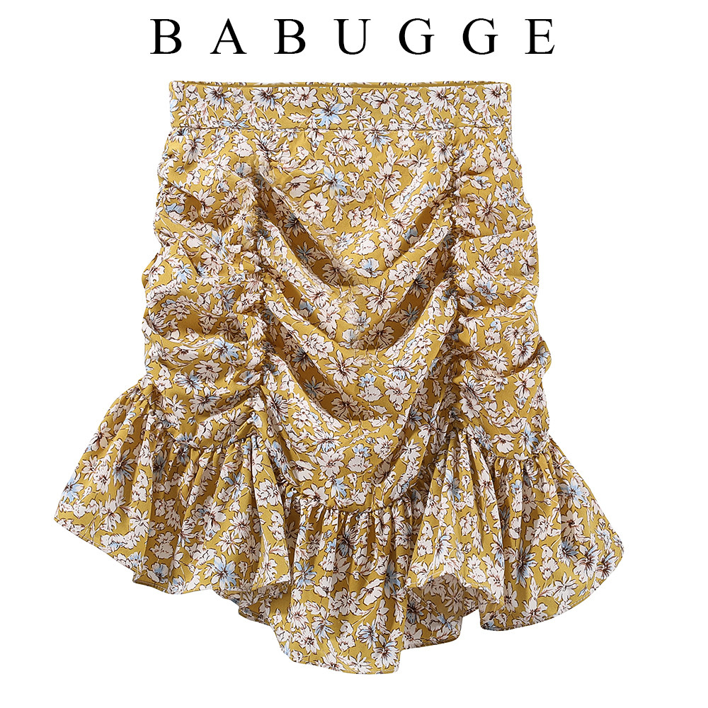 Korean version of the Western style floral pleated skirt women's high waist slim print A word bag hip skirt 20 summer new fishtail skirt