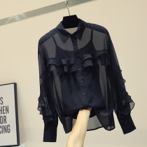Long-sleeved chiffon shirt two-piece womens 2020 spring and summer new Korean loose ruffle black light cooked top tide