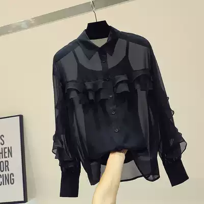 Long sleeve chiffon shirt two-piece female 2020 spring and summer new Korean loose Lotus black light cooked coat tide