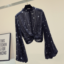 Thin printed long-sleeved chiffon shirt womens 2020 spring new Korean loose short design sense of mind top trend