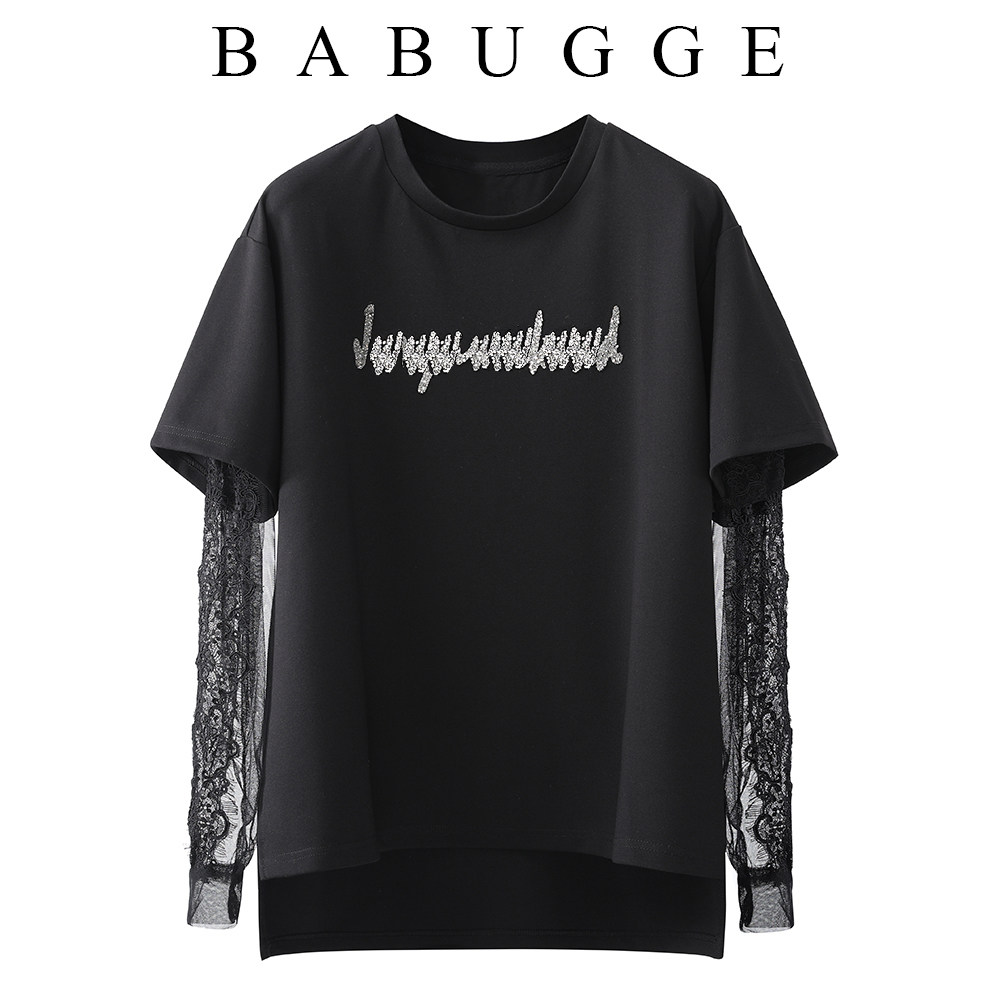 Net red black T-shirt woman 2022 Spring loaded with new Korean version Ins ultra fire loose lace long sleeve fake two blouses