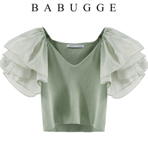 Short Ice Silk Knitted Sweatshirt Woman 20 Summer new cover Sleet Foam Sleeves Slim short sleeve V-neck blouse T-Shirt