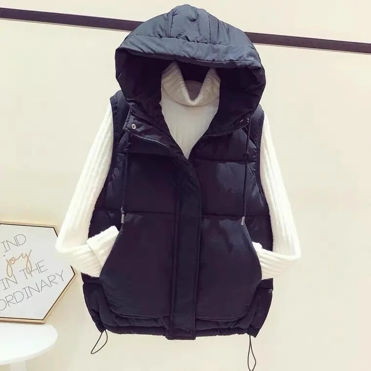 European-Style down Cotton Vest for Women, New Autumn and Winter Loose-Fitting Large Size Hooded Vest, Cotton Jacket