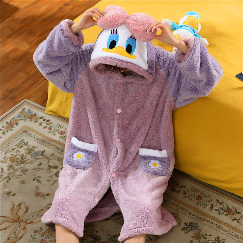 Autumn and winter cartoon Daisy Donald Duck nightgown long version bathrobe women's coral fleece thickened home service pajamas set