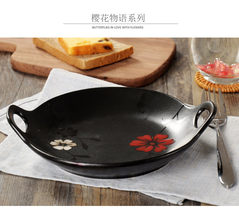 [Hai miếng giảm 50%] Bộ đồ ăn bằng gốm sứ Nhật Bản sáng tạo đôi tai khay ăn nhẹ đĩa tròn hộ gia đình bát ăn cơm