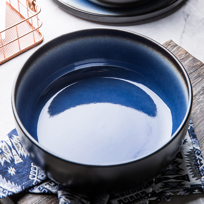 This ceramic bowl with variable glaze blue porcelain 8 inches large food noodles bowl Nordic creative dishes