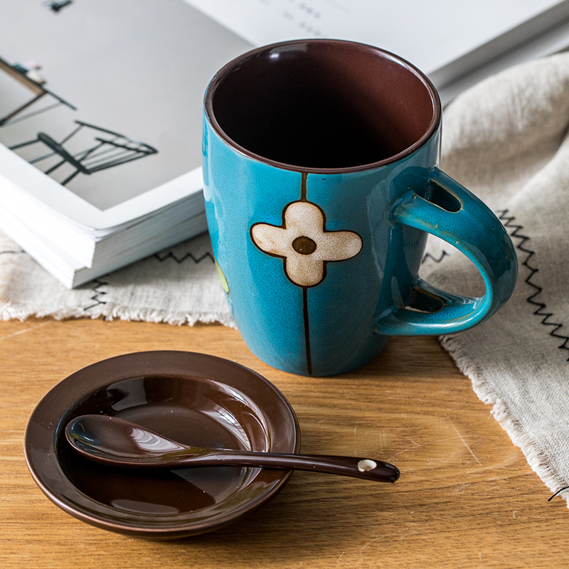 Youcci porcelain flowers move lucky grass leisurely glass ceramic cups with cover with a spoon, keller of coffee cup