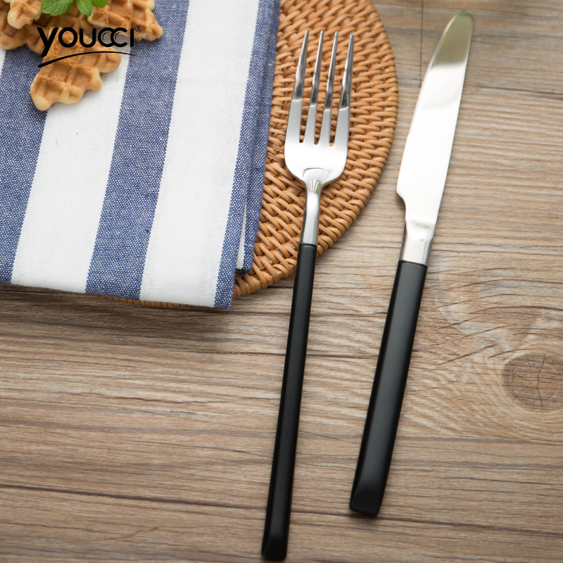 Youcci porcelain leisurely vintage black handle stainless steel knife and fork spoon suit mixing spoon, western food steak knife and fork