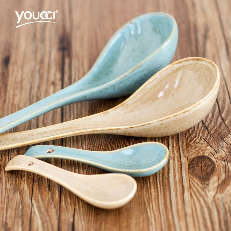 Youcci porcelain ceramic spoon big spoon, household hotel leisurely long handle large porcelain spoon porridge spoon