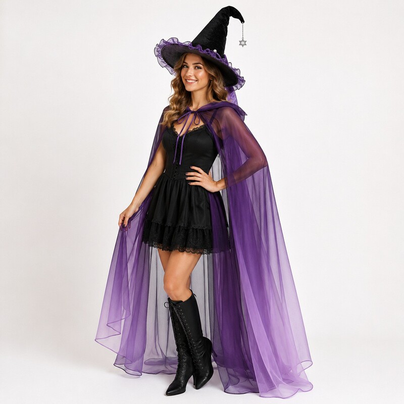 Halloween Cosplay Costume Witch Hat Cape Set Wizard Witch Hat Mesh Cloak Dance Party Dress-Up