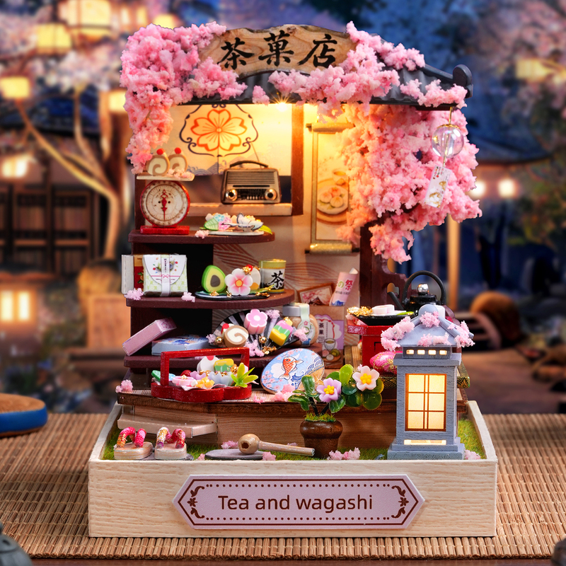 Zhiquwu Japanese-Style Confectionery Shop DIY Wooden House with Cherry Blossom Decoration, Lighted Mini Architectural Model, Hand-Assembled Zhiquwu Japanese-Style Confectionery Shop DIY Wooden House with Cherry Blossom Decoration, Lighted Mini Architectural Model, Hand-Assembled