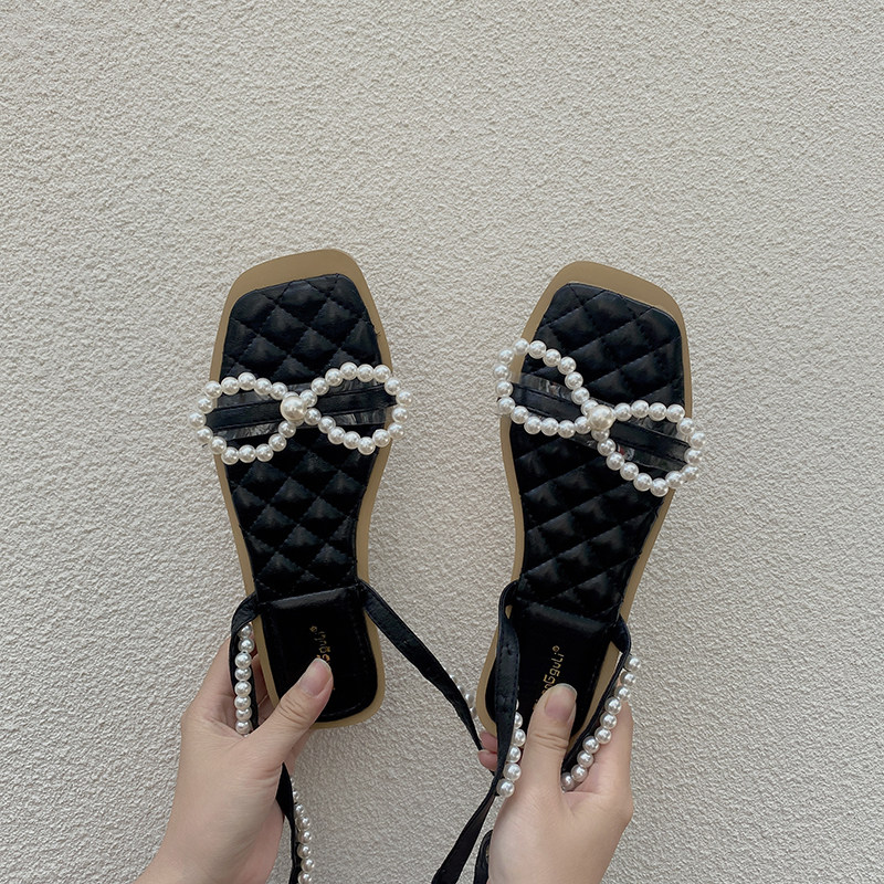 Sandals 2021 New ladies Summer flat-bottomed fairy Wind pearl butterfly knot Toe Soft Bottom Line of Roman Shoe