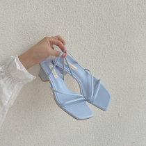 INS STUDIO) Strong push self-leaving ~ explicit legs long European and American fairy coarse heel fine with cool slippers