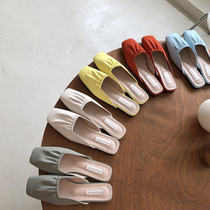 2021 Spring and summer Han version Half trailed flat bottom shoes net infrared wearing gentle square head soft leather pleated cool tug Mueller shoes female