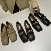 2021 Spring New Womens Shoes Square Head Retro Mueller Shoes Coarse Heel Lefu Shoes Bean-Bean-Style Single Shoes Little Leather Shoes