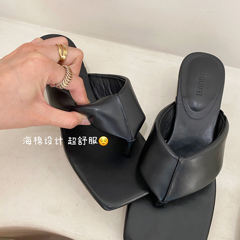 Herringbone Drag Woman Retro Square Head Chic Superior Sense Korean Version Fine Heel High Heels Summer Outwear Clip Toe Cool Slippers