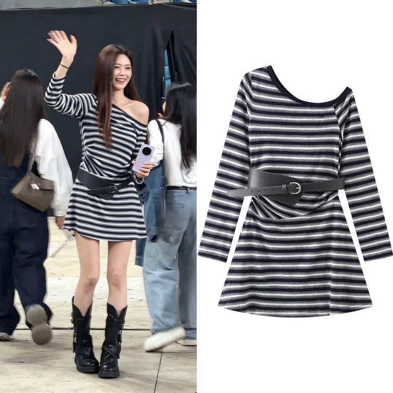 Shen Mengchen's Same Style 2026 Summer New Striped Dress with Belt, Asymmetrical Off-Shoulder A-Line Long-Sleeve Dress