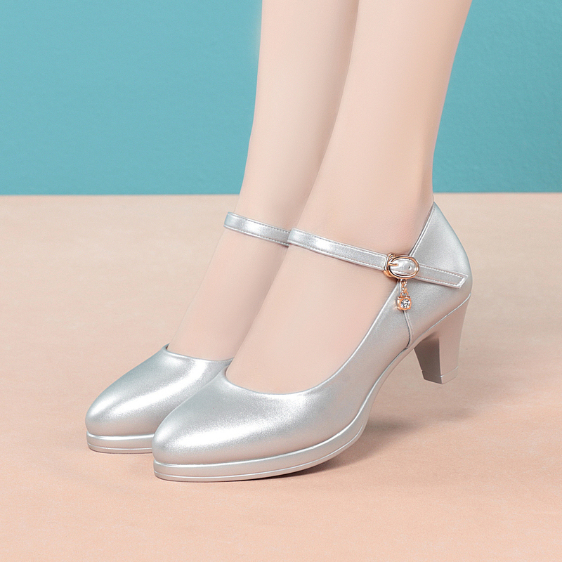 Silver Round-Toe Shallow Leather Shoes with a Single Strap, 5cm Mid-Heel, Runway Shoes, Mother's Shoes, Spring and Autumn Flats, Professional Women's Shoes