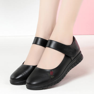 Round-toed Velcro leather shoes for middle-aged and elderly people, women's flat square dance shoes, shallow-mouthed casual grandma shoes, soft-soled mom shoes