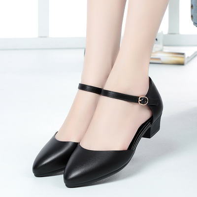 Round-toed, shallow-mouthed women's sandals, thick-heeled, low-heeled, one-button women's shoes, high-heeled, large-sized women's spring and autumn shoes