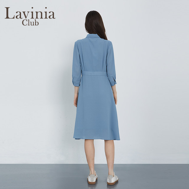 LaviniaClub/Lavinia Spring and Autumn mist dress shirt sleeve three-quarters blue with texture light and see-through ເລັກນ້ອຍສໍາລັບແມ່ຍິງ