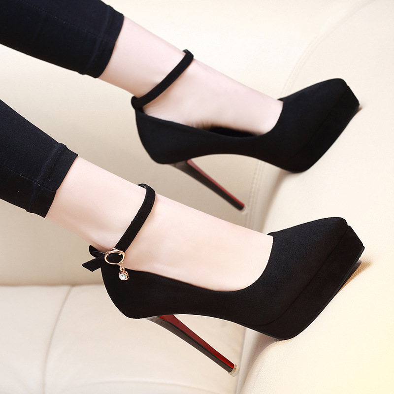 One-Strap High Heels 12cm Sexy Shallow Mouth Stiletto Suede Waterproof Platform Black Professional Elegant Pointed Toe Single Shoes for Women