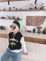 Squinting squinting childrens clothing 2021 autumn male baby fake two hooded sweater Korean version of the childrens print casual top tide