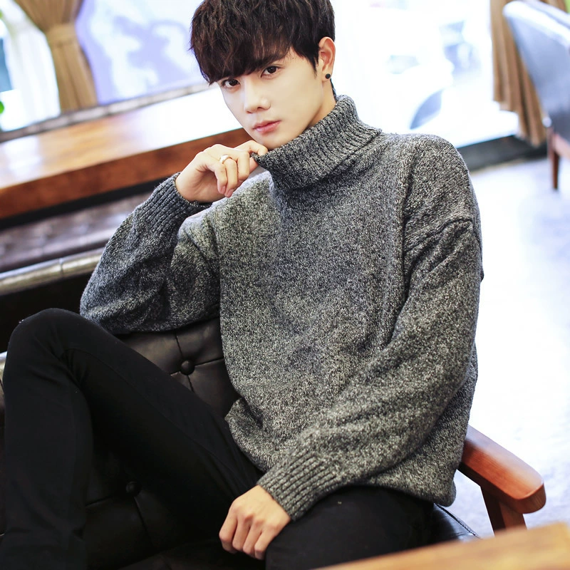 Mới Hot 2019 Sọc Winter Turtleneck Áo len nam Áo len nam dày tay Hàn Quốc Plus nhung - Áo len cổ tròn