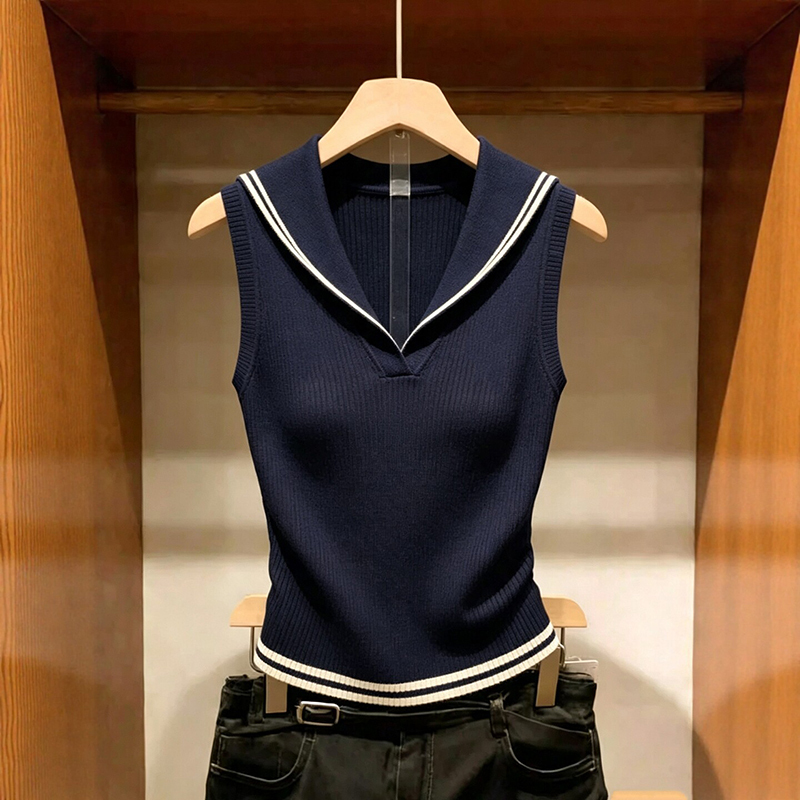 Navy Blue Striped Versatile Fashion Retro Age-Reducing Sleeveless Waist-Cinching Vest for Petite Figures